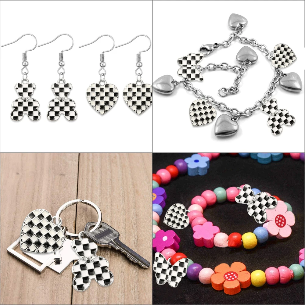 30Pcs 3 Styles Black and White Square Plaided Charm Enamel Heart Bear Butterfly Small Pendants for Jewelry Making DIY Findings