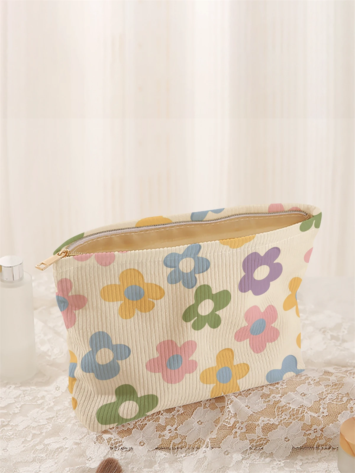 1 floral patterned corduroy makeup bag, lightweight zipper makeup storage box, multifunctional bag with lining