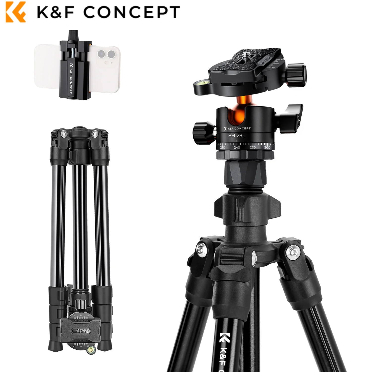 K & F 컨셉 알루미늄 여행 삼각대, 휴대용 야외 삼각대, 휴대폰 클립 포함, 캐논  니콘용, 63.8 인치, 163cm