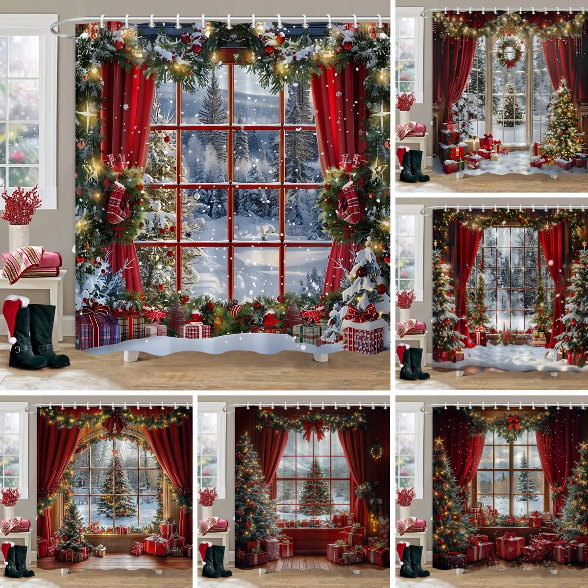 Christmas Decoration Shower Curtain Winter Snow Scene Christmas Tree Gifts Polyester Bathroom Decor