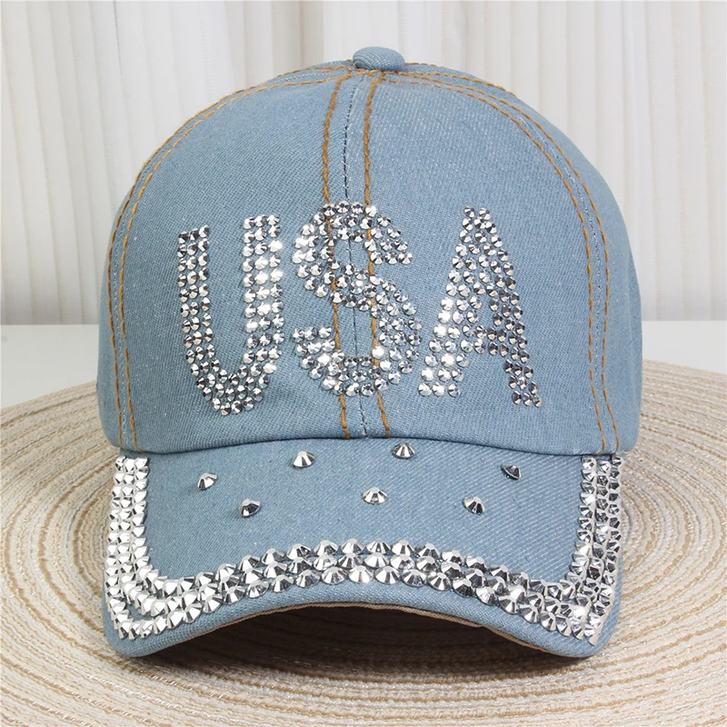 Women s Sparkling Rhinestone Embellished Adjustable Baseball Cap with Ponytail Opening for 4th of July Celebration