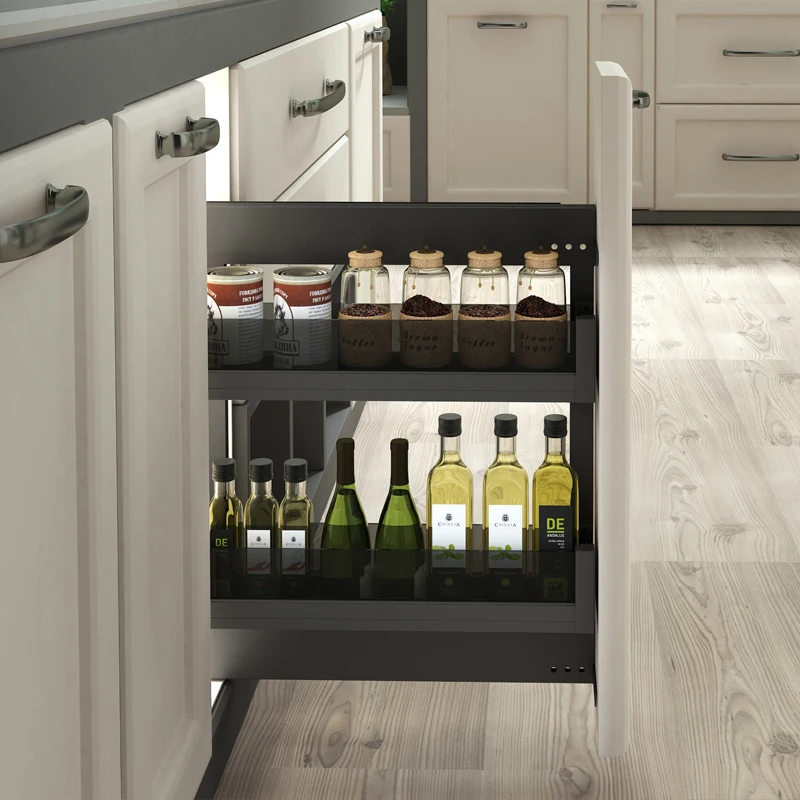 

Seasoning basket kitchen cabinet double drawer cabinet black crystal aluminum alloy tool side narrow cabinet pull basket