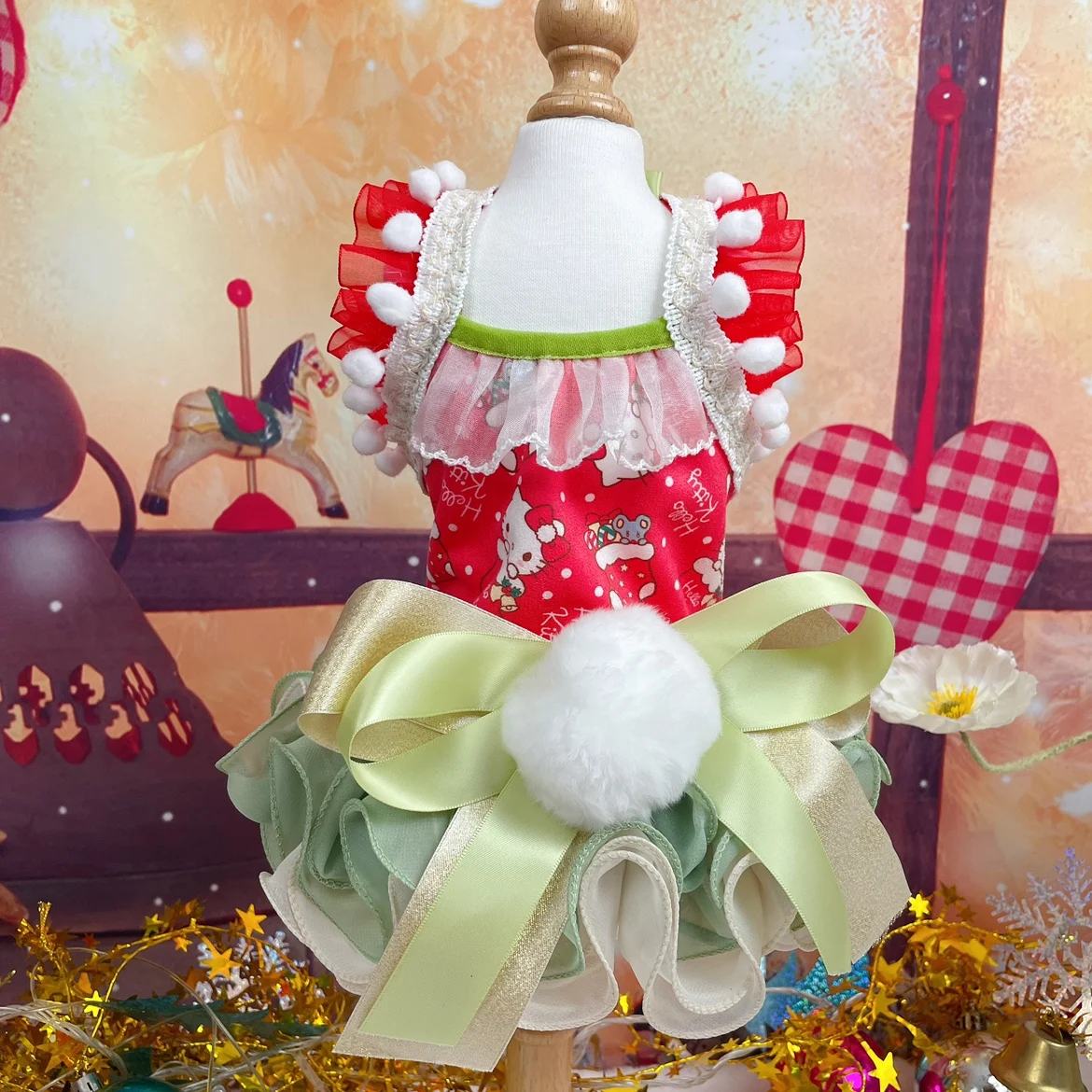 

Lovely Cartoon Print Sling Pet Dog Clothes Autumn Winter Fashion Cute Hairball Bow Princess Dress For Small Medium Dog Poodle