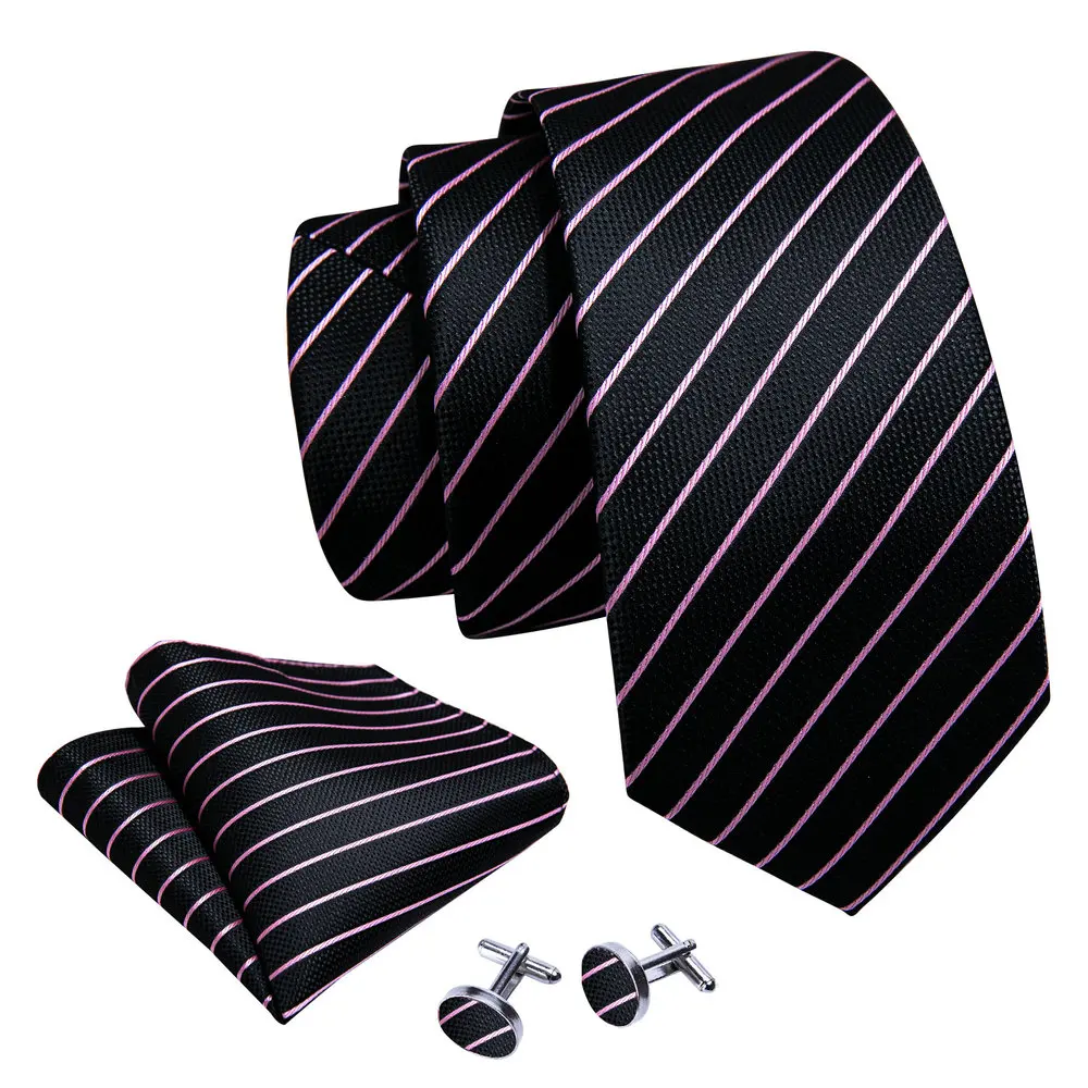 

Classic Black Stripe Men Silk Ties Formal Neck-Tie Handkerchief Woven Cufflink Sets Party Business Designer Barry.Wang B-6019