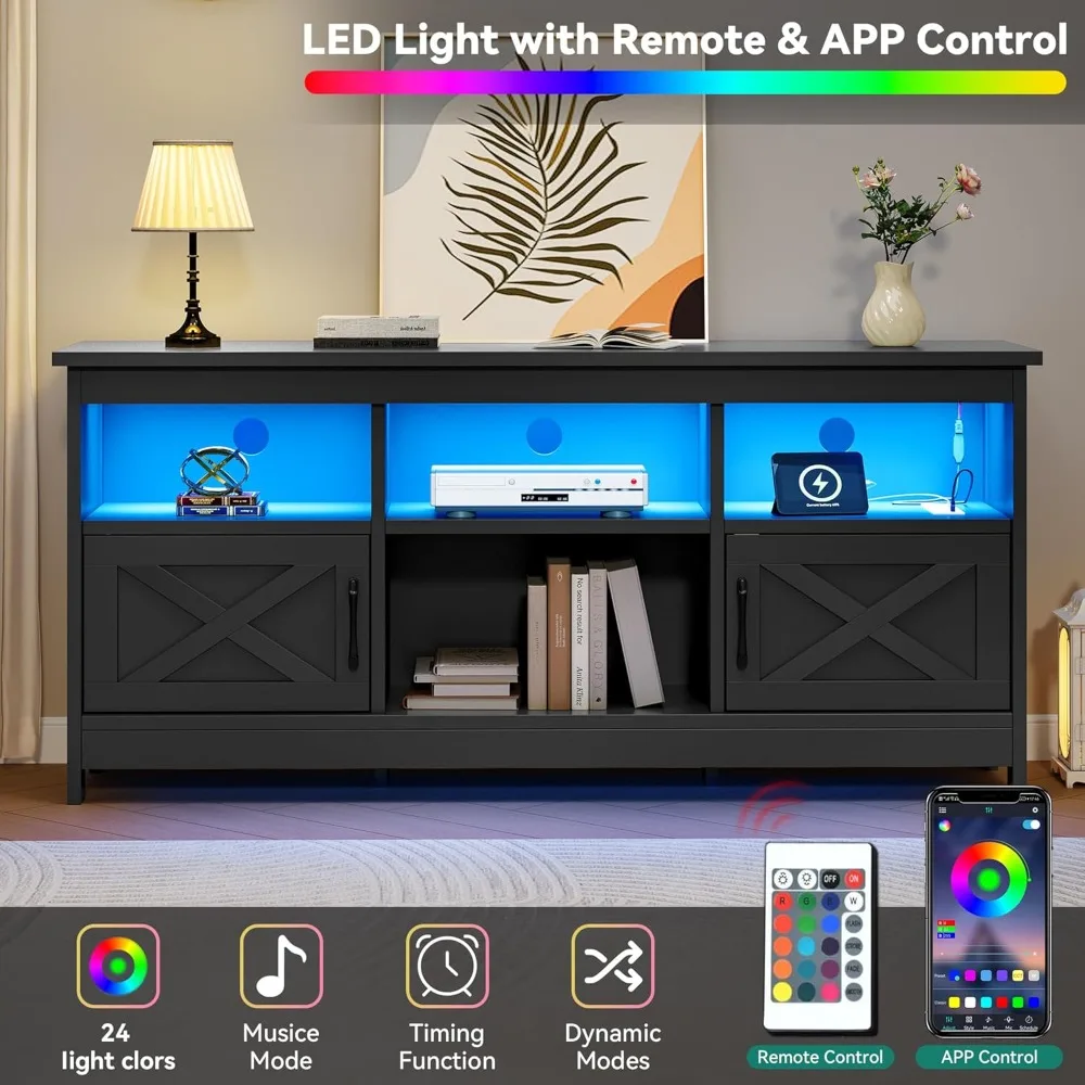 Farmhouse TV Stand with Power Outlet, LED Light Entertainment Center for 65 Inch TVs, TV Cabinet with Storage, Rustic M 4