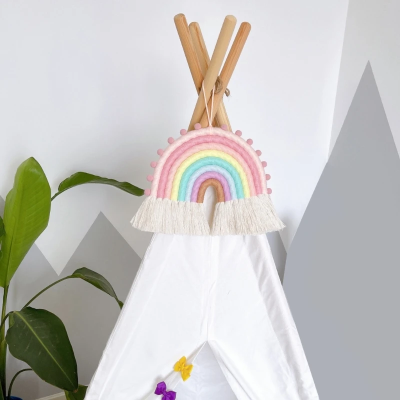 Rainbow Wall Hanging Ornaments 8 Lines Macrame Tapestries Woven Rainbow with Tassels for Nursery Room Home Decorations 5