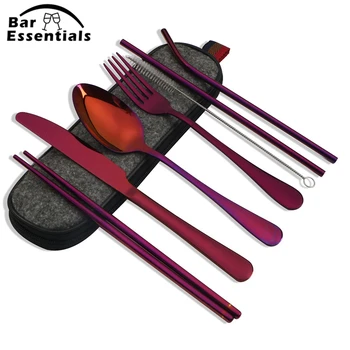8 Pz/set Stoviglie Riutilizzabili Set di Posate da Viaggio Set di Utensili da Campo con Cucchiaio in acciaio inossidabile Forchetta Bacchette Paglia Custodia Portatile 1