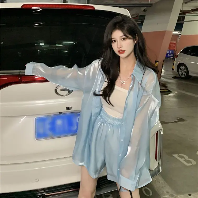 Korea Summer Thin Silk Blouse Women Pure Pearly-Lustre See Through Shirts Korean White Sun Protection Shirt