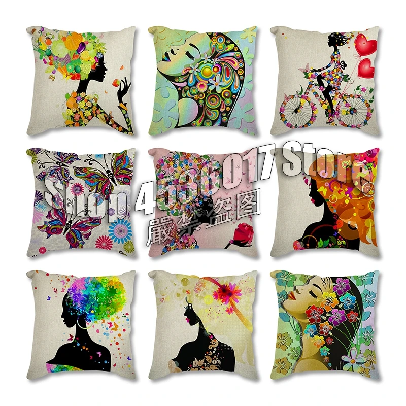 

Art Butterfly girl Decorative Cushion Covers Pillowcase Cushions Sofa Pillowcover flax cuscini Throw Pillows cuscini decorativi