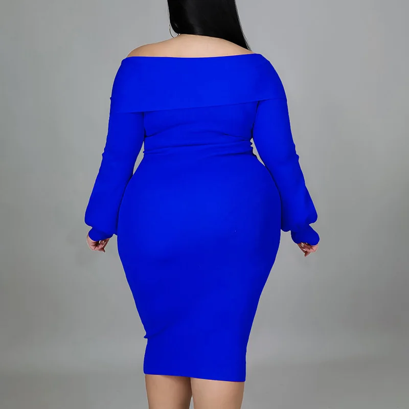 Strapless V-Neck Plus Size Clothes for Women Evening Party Sexy Off Shoulder Solid Color Long Sleeve Autumn Mid-Calf Dresses