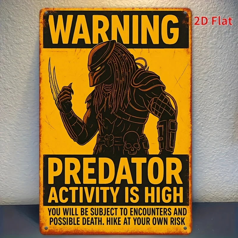 Humorous Sci-Fi Predator Warning Metal Sign - Heavy-Duty Tin Decor with Bold Text