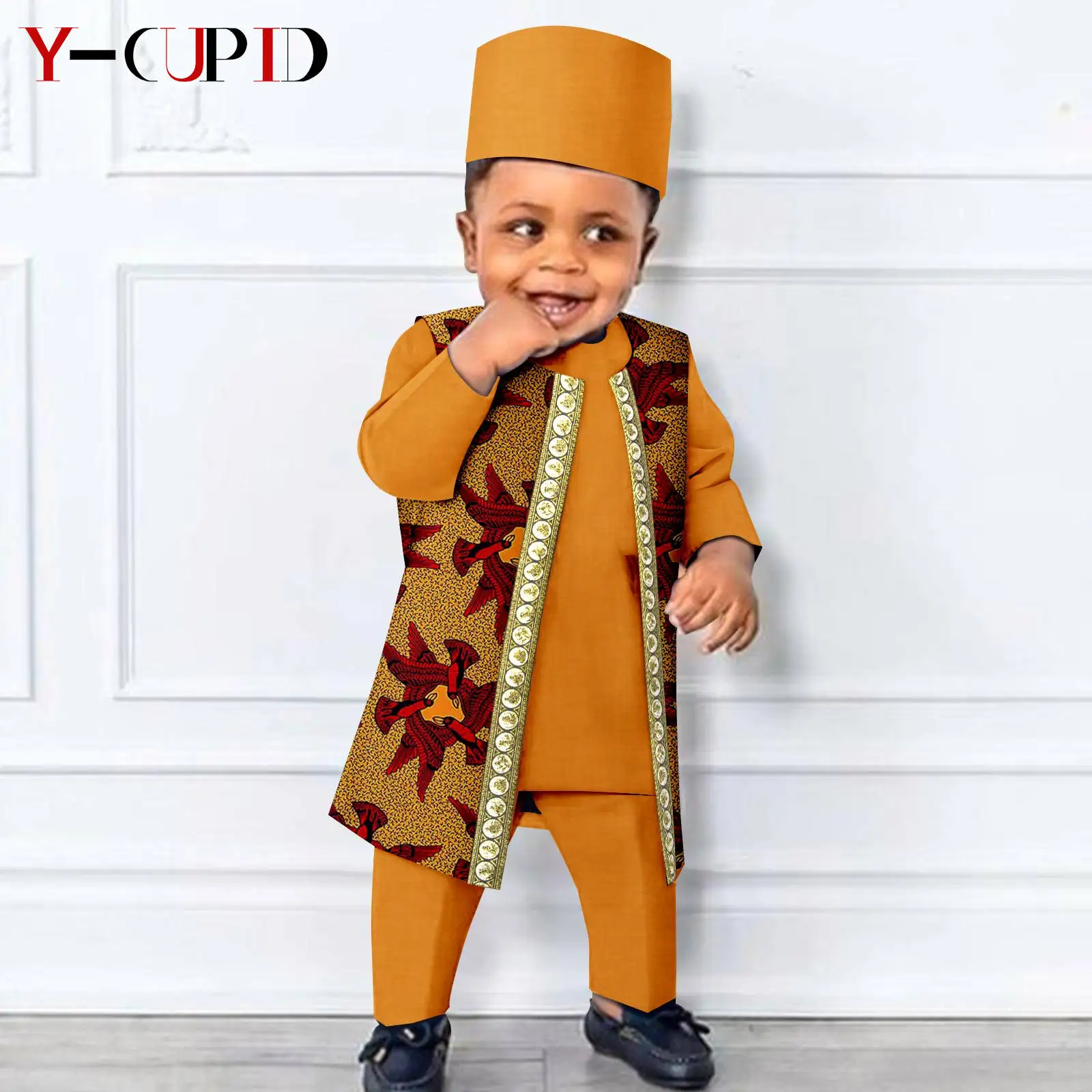 African Boy Clothes Children Outfit Bazin Riche 4 Pieces Sets Print Vest + Tee + Pant + Cap Kids Suits Agbada Outwear Y234005