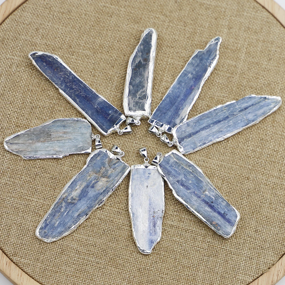 Natural Kyanite Irregular Raw Ore Pendants Rough Stone Silver Plated Edge Sweater Chain Mineral Crystal Specimen Necklace 8Pcs