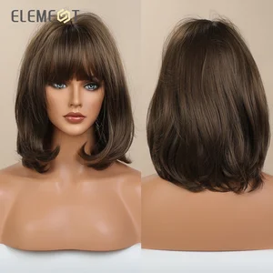 Парик темно-коричневый Element Bob с воздушной челкой, крутые короткие синтетические парики для женщин, длина плеч, жаропрочные волосы ежедневного использования