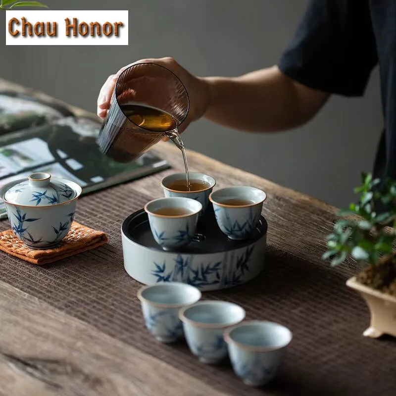 2pcs /set Hand Painted Blue And White Bamboo Tea Cup Antique Glaze Household Tea Cup Tea Ceremony Accessories Drinkware 50ml