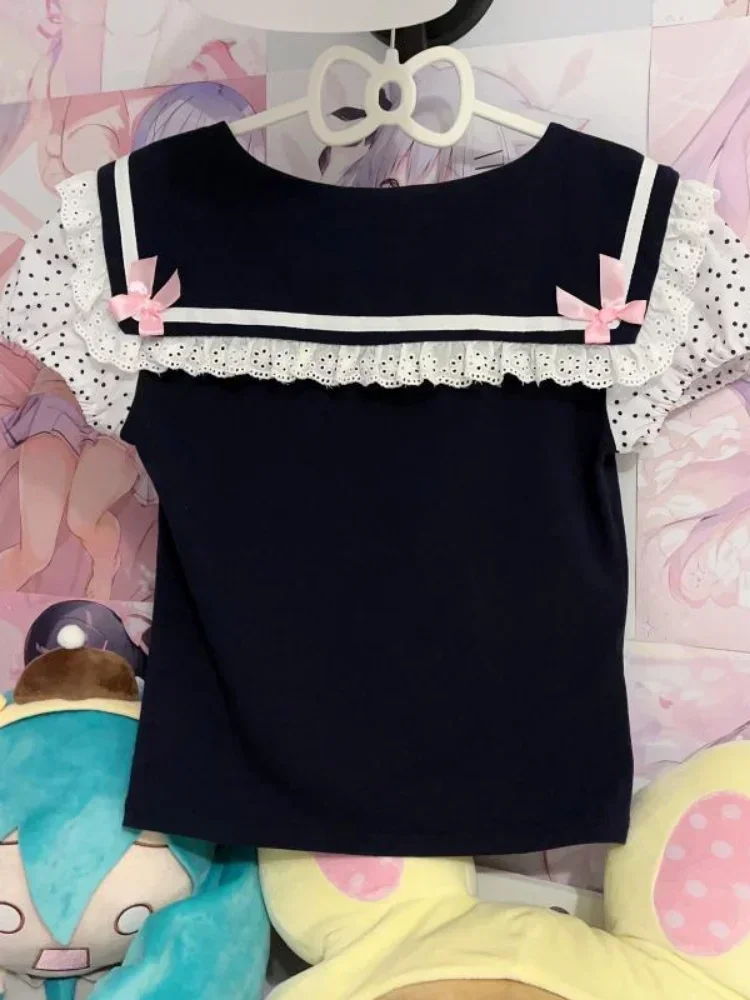 Japanese Y2k Lace T-shirt Women Kawaii Cartoon Embroidery Graphic T Shirts Harajuku Fashion Casual Bow Tops Cute Tees Camisetas 3