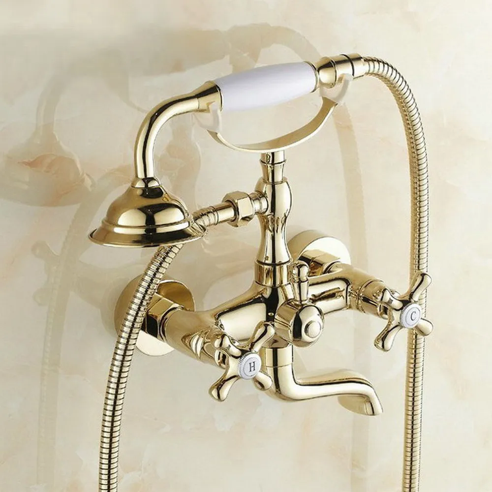 Polished Gold Bathroom Tub Faucet Telephone Style Bathroom Bathtub Wall Mounted With Handshower Swive Tub Spout Ntf130 3