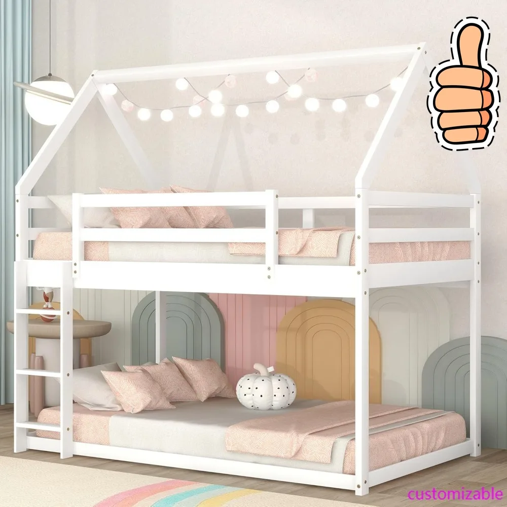 NEW-Bellemave Twin Over Twin House Bunk Bed for Kids,Floor Low Bunk Beds with Ladder and Guardrails,Solid Wood Twin Size Bunk Be