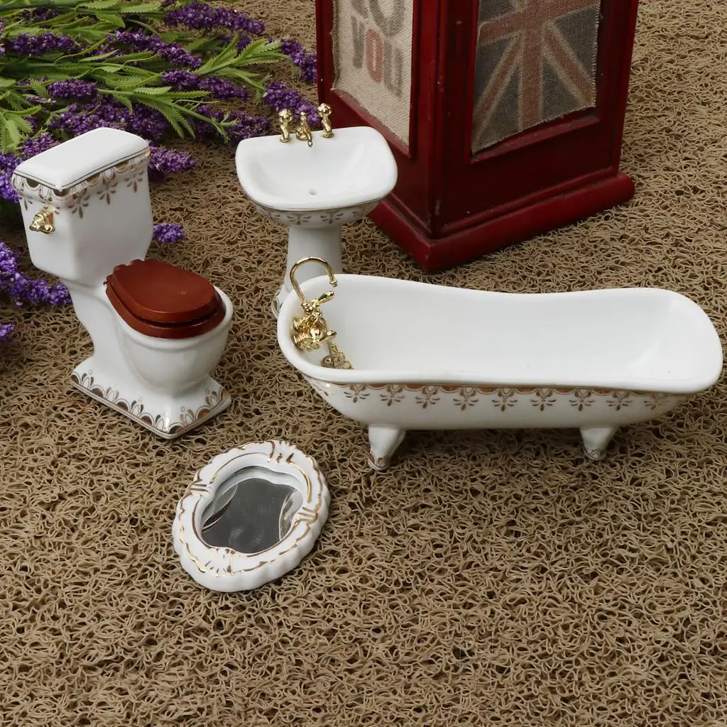1/12 Dollhouse Miniature Bathroom Toys Set Furniture Toilet Bathtub Basin #1 5