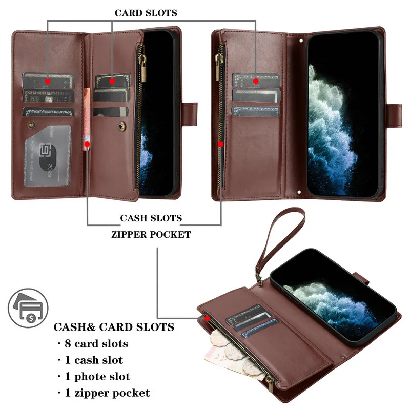 Luxurious Leather Crossbody Wallet with 9-Card Flip Case and Zipper Pocket