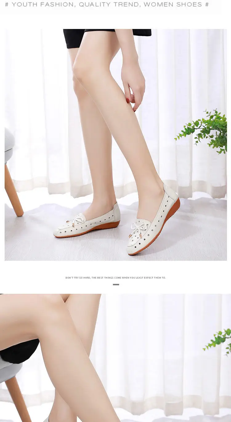 2022 Summer Mom Cowhide Leather Moccasins Woman Slip On Wedges Shoes Designer Breathable Hollow Out Bowtie Ballet Flats