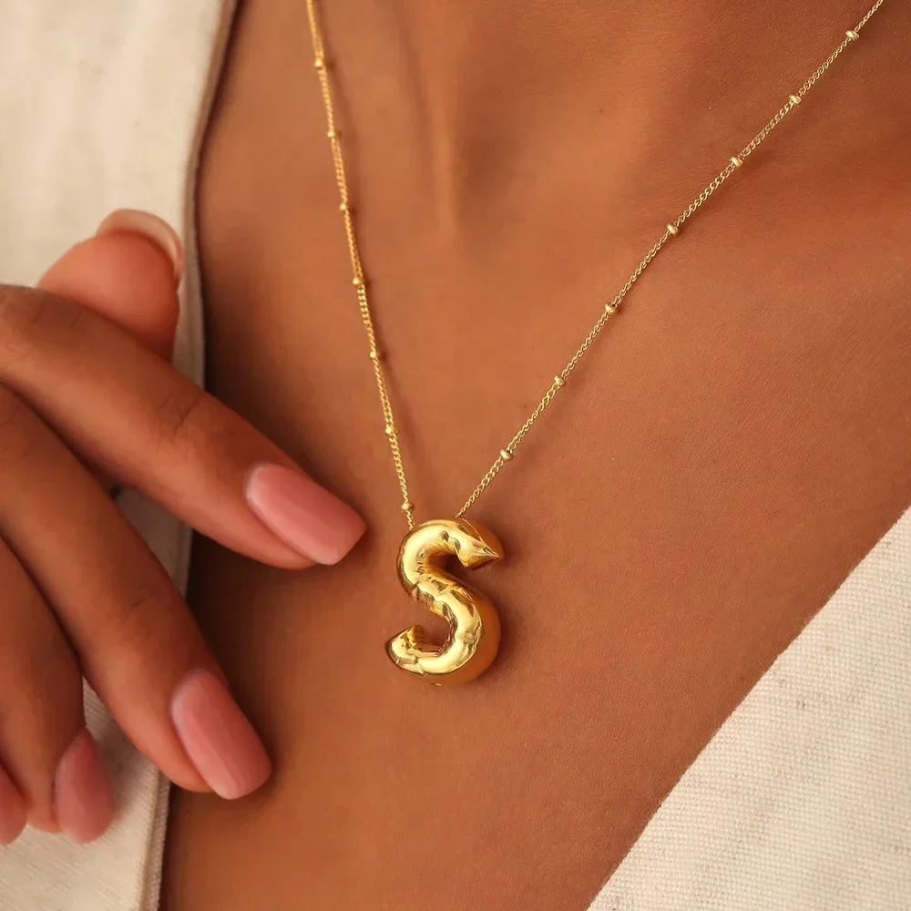 Hot Sale Bubble Balloon A-Z Letter Initial Pendant Necklace Women Waterproof Gold Plated Chunky Alphabet Choker Collar Jewelry