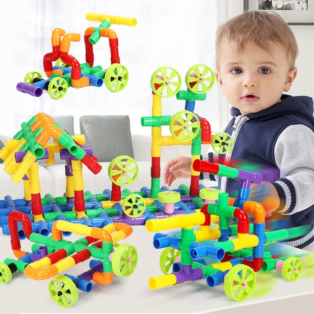 Tube Block Toy Pipeline Tunnel Car Wheels DIY Blocks Creative STEM Bricks Educational Kit Pipe Block Training Toys For Children 6