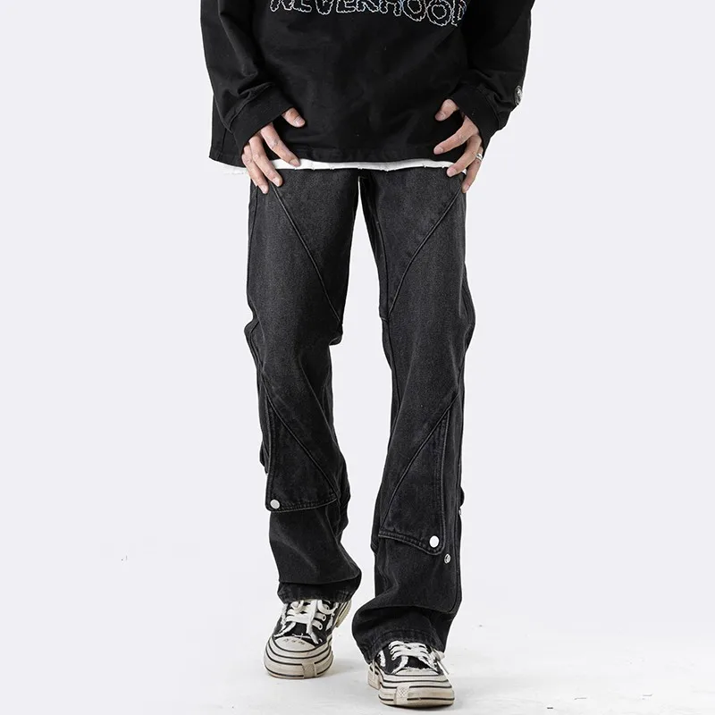 High Street Jeans Men's Summer Fashion Hip Hop Y2K Button Trend Black Pants Slim Loose Straight Work Pants
