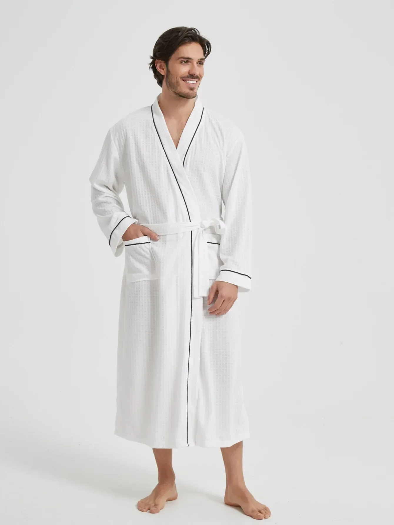 Piżama dla par z motywem gofrów, szlafrok kimono, wiosenno-jesienny, nowy męski długi szlafrok, luźny, casualowy strój domowy, odzież wypoczynkowa, piżama