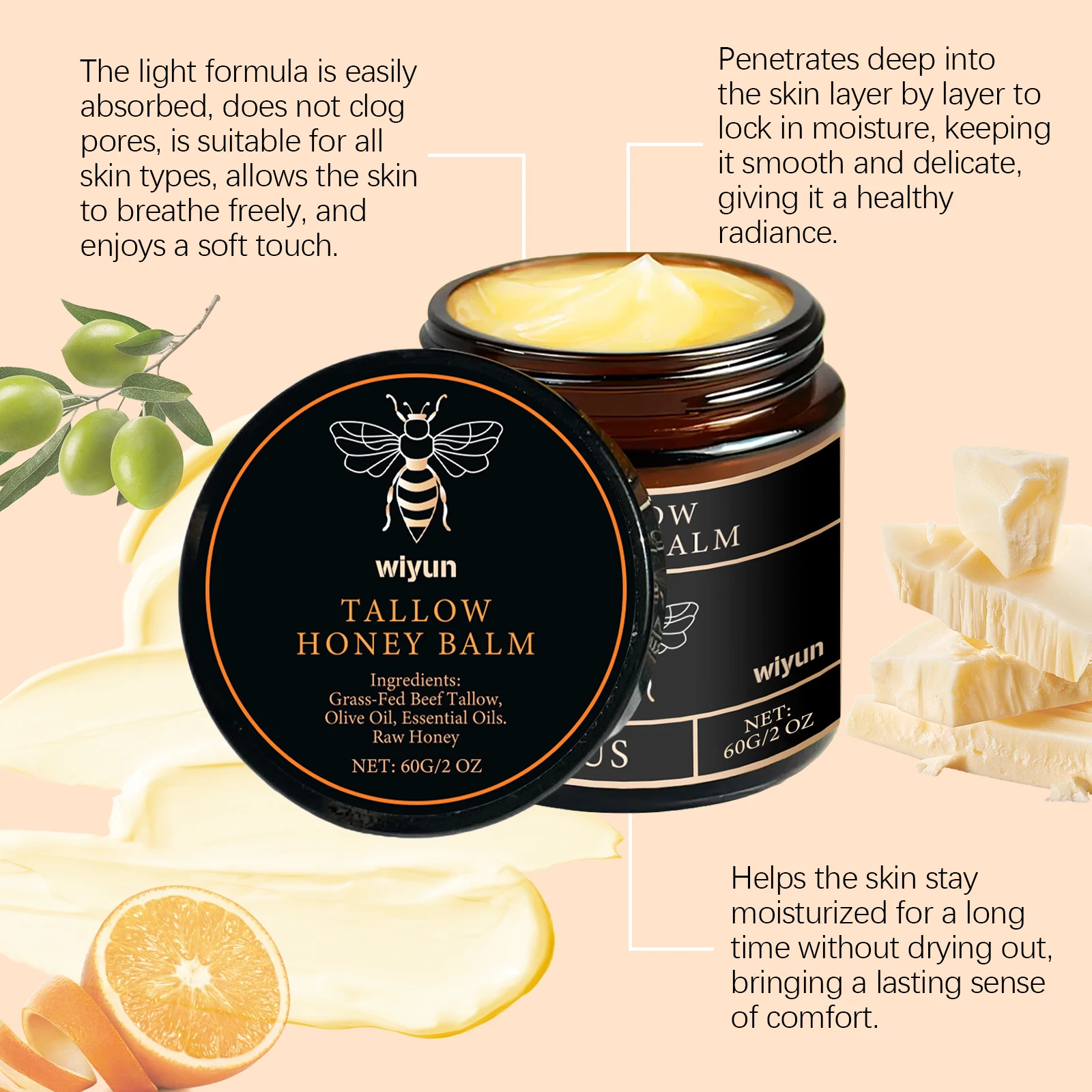 Beef Tallow Honey Moisturizer Grass Fed Whipped Tallow Face Cream Body Lotion Non Greasy Nourishing Fast Absorption Skin Care 5