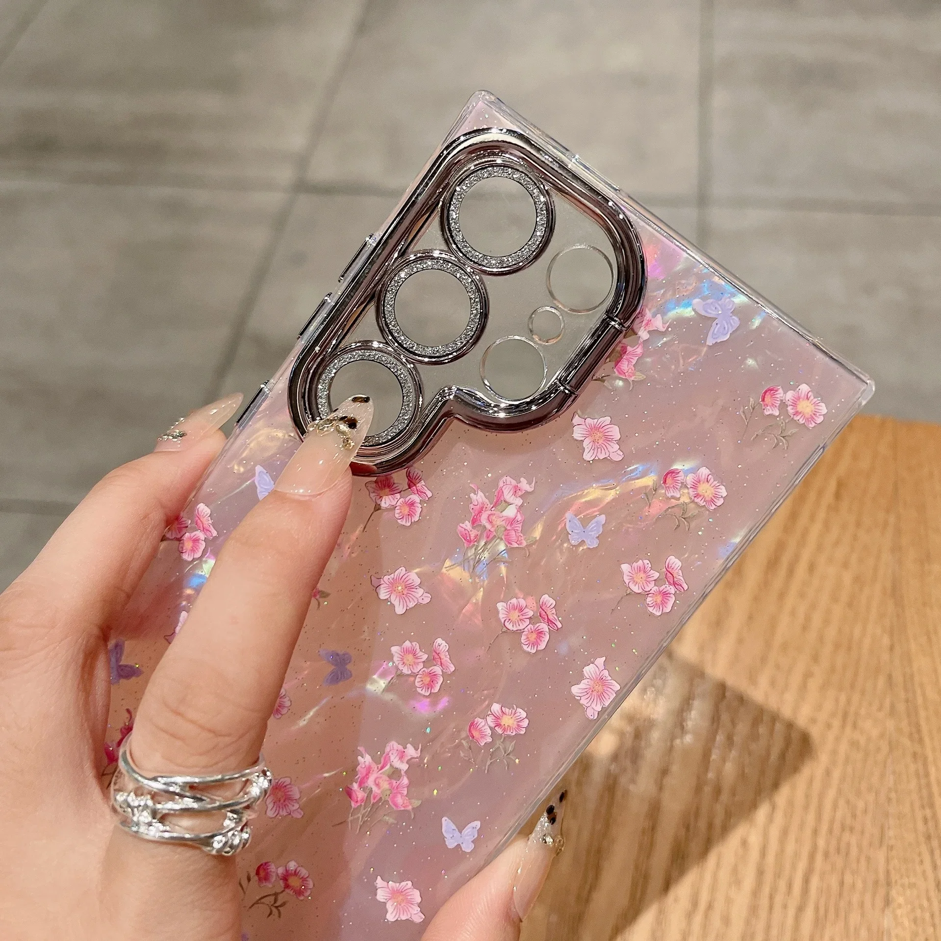 Glitter Aurora Flower Phone Case with Heart Makeup Mirror and Wrist Strap