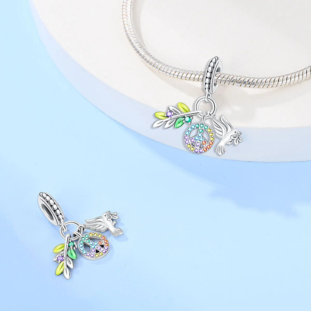 Silver Plated Beads with Colorful Crystal Pendant - Peace Dove, Globe, and Rose Heart Design