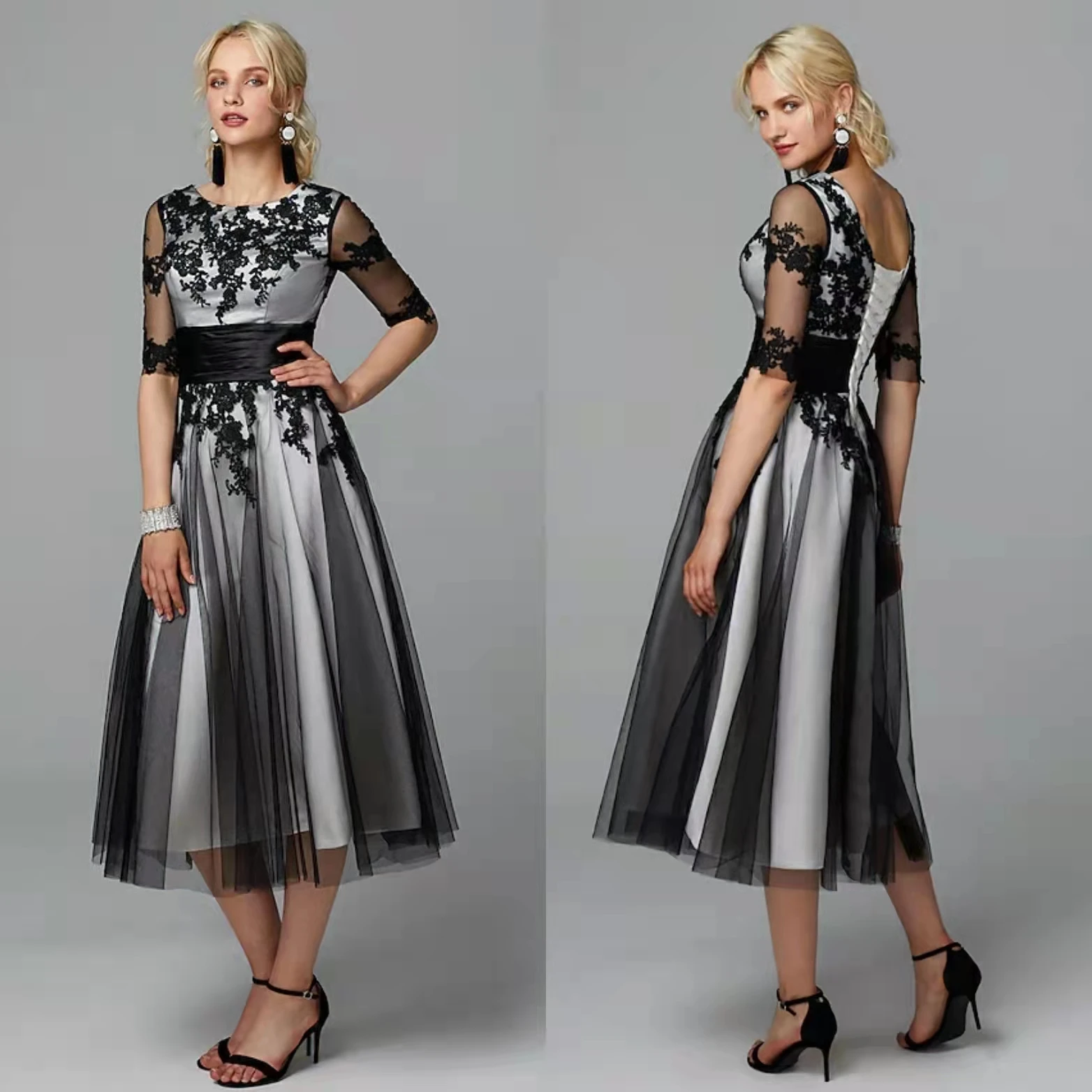 

Elegant Short Black Lace Evening Dresses A-Line Jewel Neck Half Sleeve Tea Length Prom Cocktail Wedding Dresses with Sash