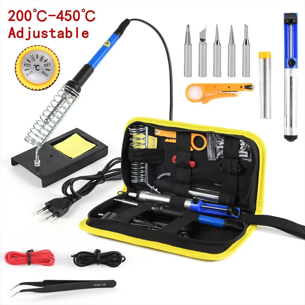 15-piece set 220 volts 60 watts soldering iron set 450 ° adjustable temperature soldering tool kit with tin wire EU plug solder sucker