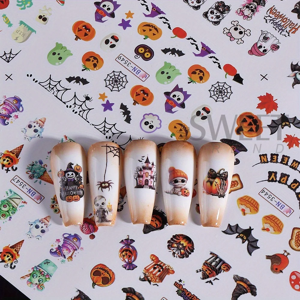 12pcs Halloween Print Water Nail Sticker Spooky Ghost Pumpkin Skull Bat Transfer Sliders Watermark Holiday Manicure Accessories