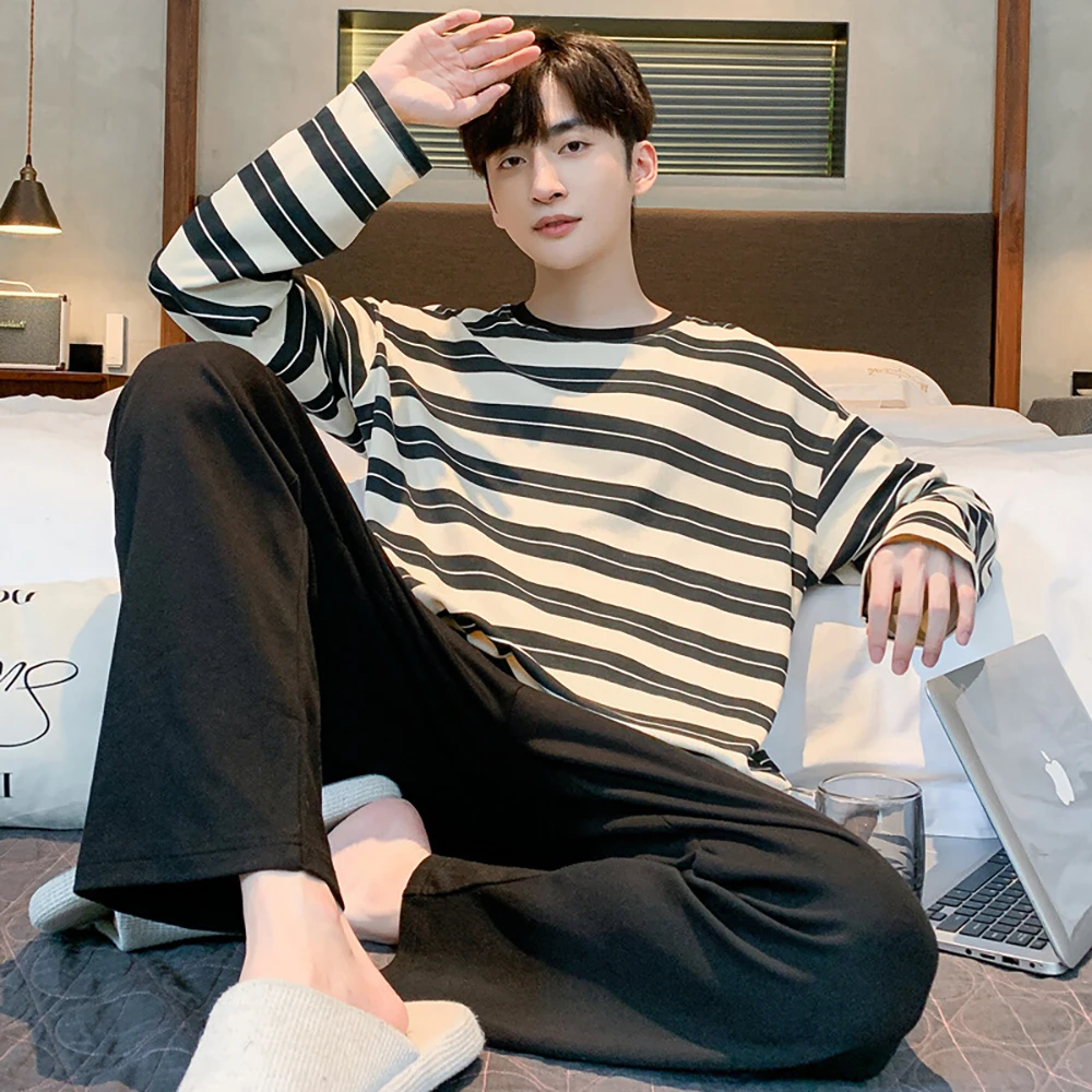 100% Cotton Breathable Soft Sleepwear for Sleeping Spring Autumn Cartoon Print Male Plaid Pajamas Set Casual Comfortable pyjama