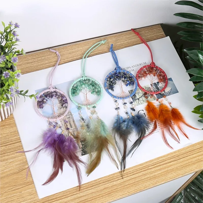 

Natural Agate Dream catchers 7 Chakra Gemstone Car House Crystal Tree Life Feather Dream Catchers Bedroom Crystal Hangings Decor