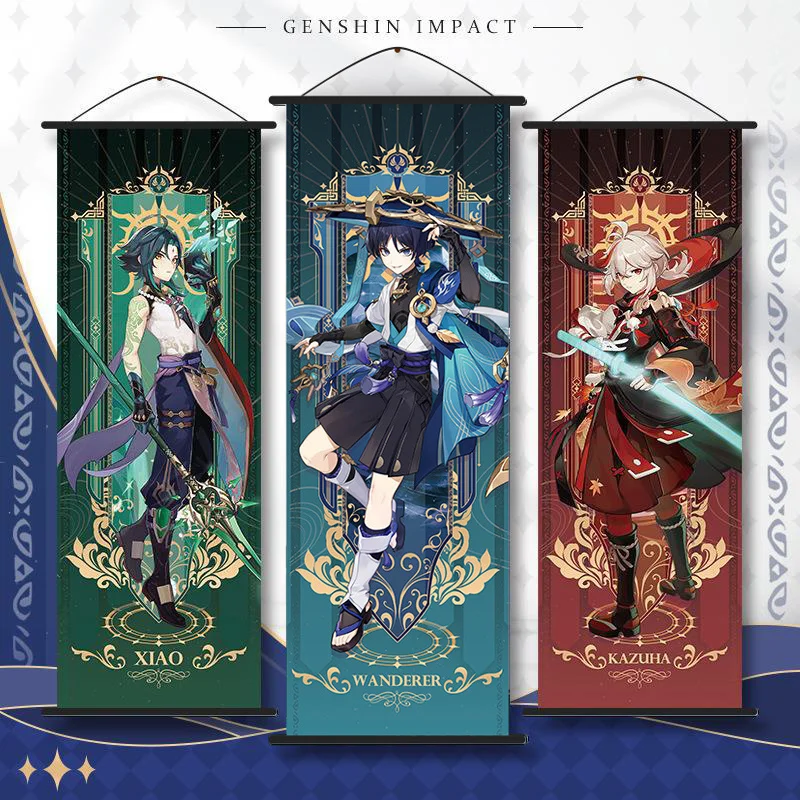 Genshin Impact Tarot Cosplay Anime Scroll Canvas Wanderer Alhaitham Raiden Shogun Xiao Kazuha Zhongli Poster Kawaii Art Gifts wall hanging poster