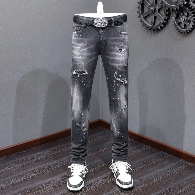 Street Fashion Men Jeans High Quality Retro Black Gray Stretch Slim Fit Ripped Jeans Men Painted Designer Hip Hop Brand Pants
