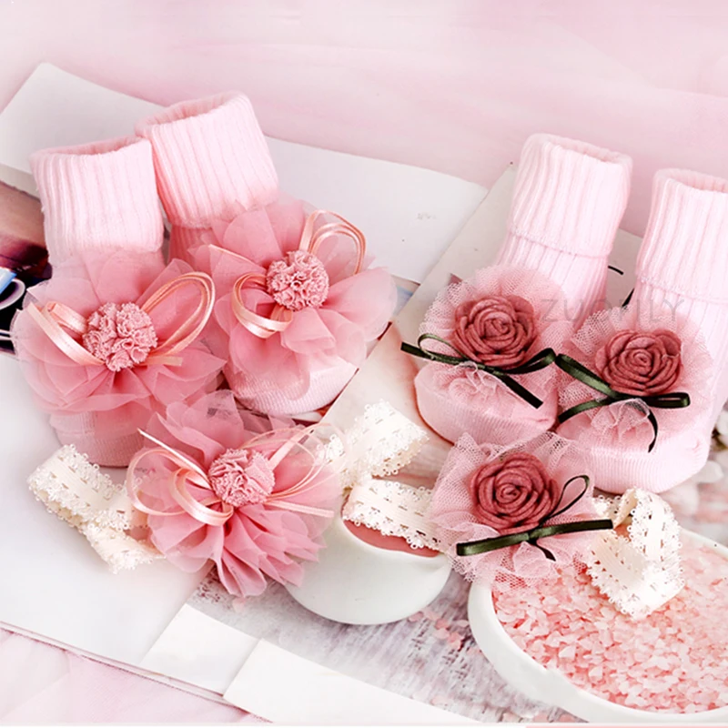 2 Pcs/Set Cute Baby Girl Headbands Socks Set Lace Flower Newborn