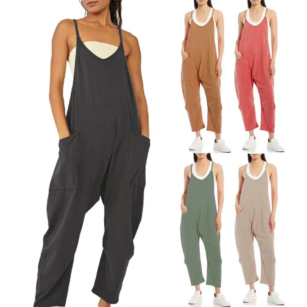 

Jumpsuits For Women 2023 Summer Elegant Solid Casual Fashion Loose Knitted High Elastic Patch Pocket Sling Women's Jump Suit