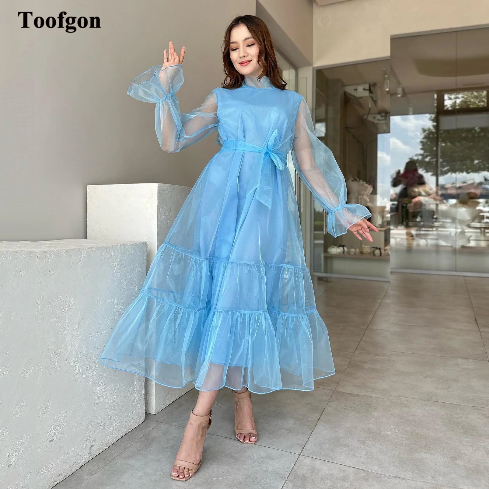 

Toofgon Blue Long Sleeves Prom Dresses Organza Ankle Length Midi Formal Evening Gowns Women Homecoming Party Bridesmaid Dress