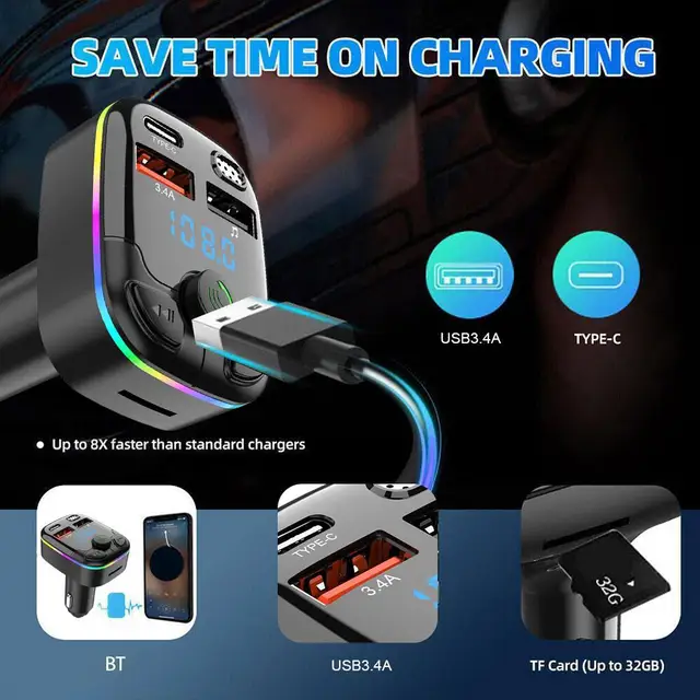Bluetooth 5.0 Car FM Transmitter PD Type-C Dual USB Ambient Player MP3 Charger Type-C Wireless Light 18W Handsfree PD QC3.0 Y3Z4 2