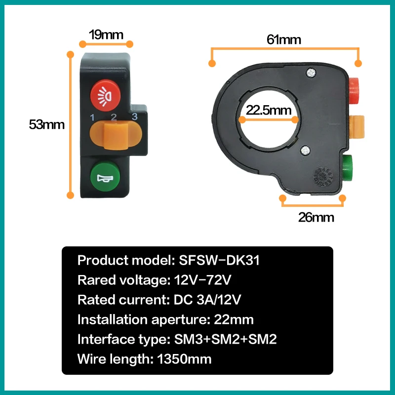 DK31 Handlebar Horn Headlight and 3nd gear Combination Button Switch for Motorcycle E-bike Scooter Universal Refit Accessories