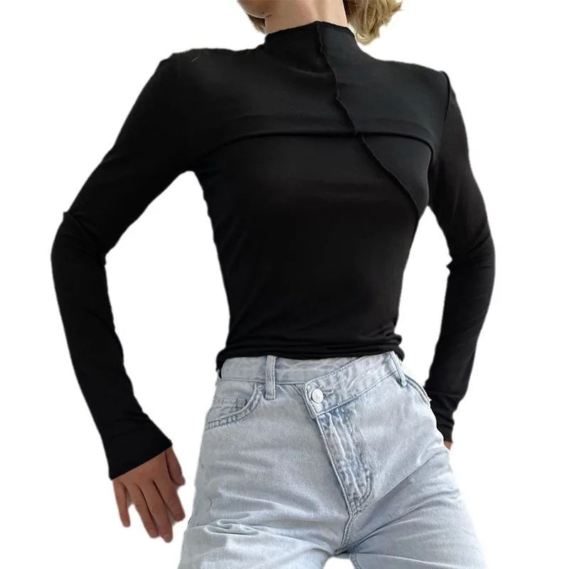 Women Long Sleeve Cropped Patchwork Turtleneck Tee