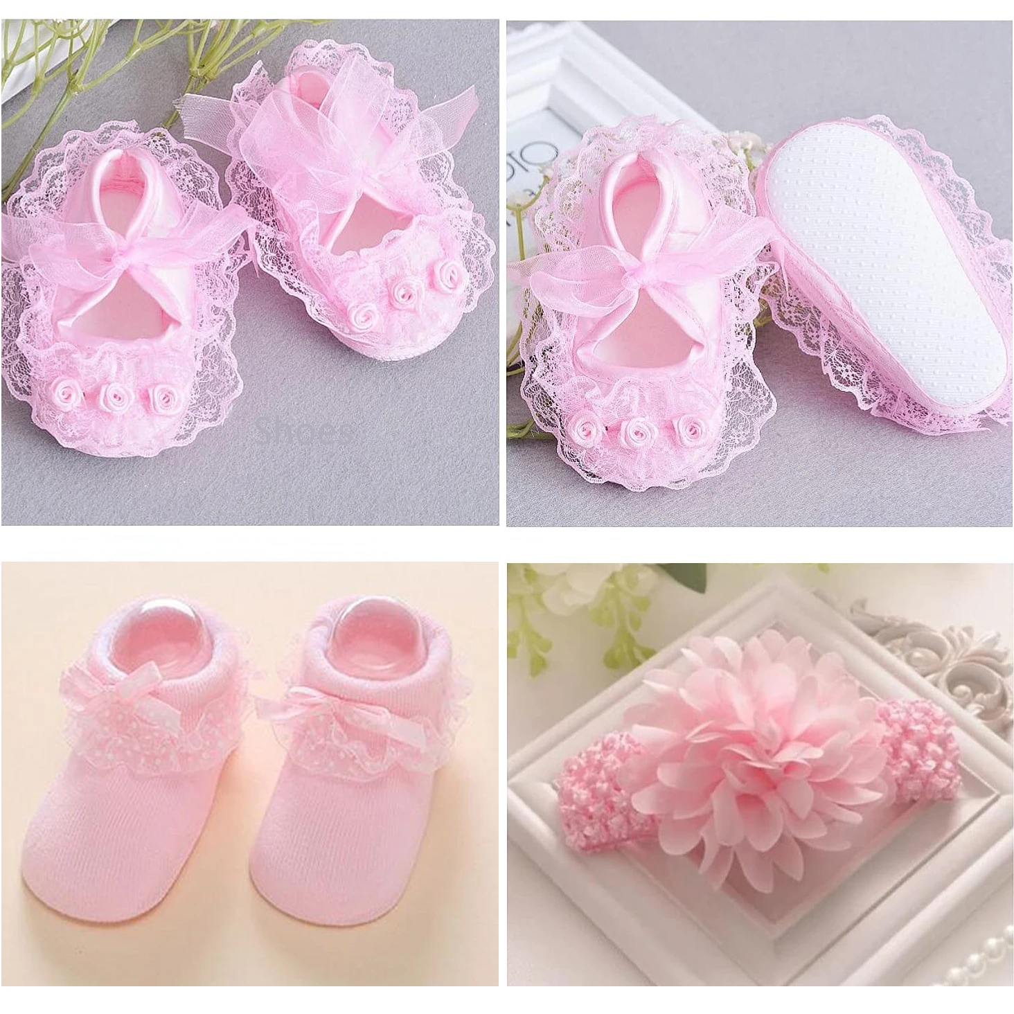 Newborn Baby Girl Shoes Socks Headband Princess Party Lace Floral Soft  Toddler Kid 0-12M Pink Red Shoes 0 3 6 Months 4
