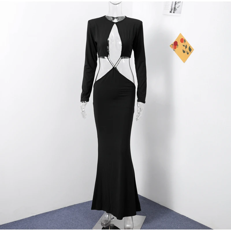 Sexy aushöhlen Damenkleider, elegant, ausgeschnitten, langärmelig, rückenfrei, schlankes weibliches Maxikleid, 2025, neue Abendparty, Damenrobe – Detail 1
