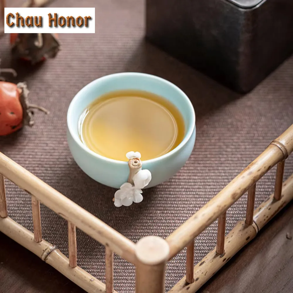 Handmade Sky Blue Ru Kiln Ceramic Tea Cup Hand Pinch Flower Bud Porcelain Master Cup Antique Customization Tea Bowl Gift Box