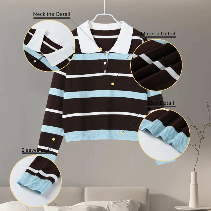 Fashion Stripe Knitted Polo Shirt for Women Casual Female