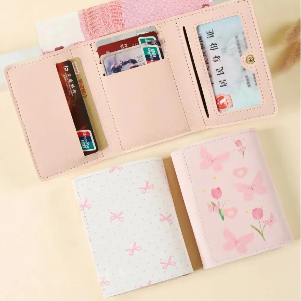 Sweet Pink Color Women Wallet Floral Bow Multi Card Coin Purse PU Leather Photocard Bag Travel